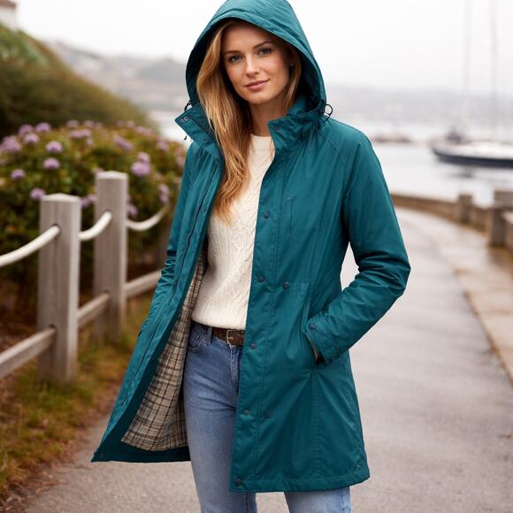 L.L. Bean Jackets & Blazers - Vintage L.L.Bean Women’s Insulated Rain Trench Coat Teal Wool Lined L Nylon Hood